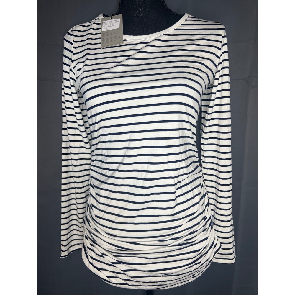 Smallshow Maternity Top Navy Blue White Striped Long Sleeve Ruched  S